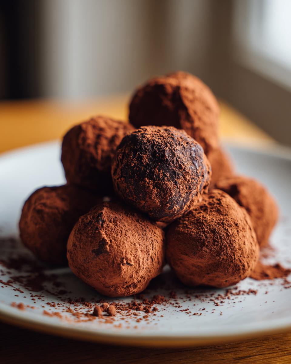 A pile of rich chocolate truffles generously dusted with cocoa powder on a white plate.