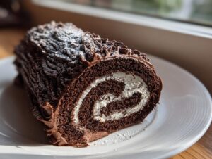 A cross-section slice of a rich chocolate Yule log cake filled with white cream, dusted with powdered sugar.