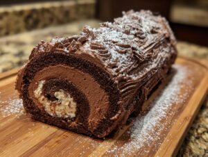 A slice of a rich chocolate Yule log cake filled with cream and dusted with powdered sugar.
