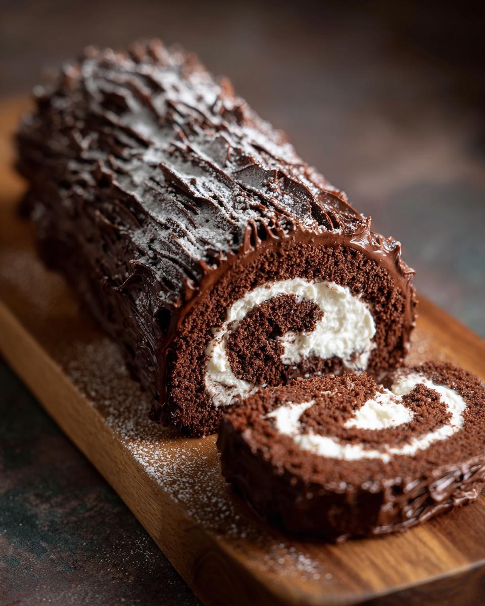 A slice of rich chocolate Yule log cake with a swirl of cream filling, dusted with powdered sugar.