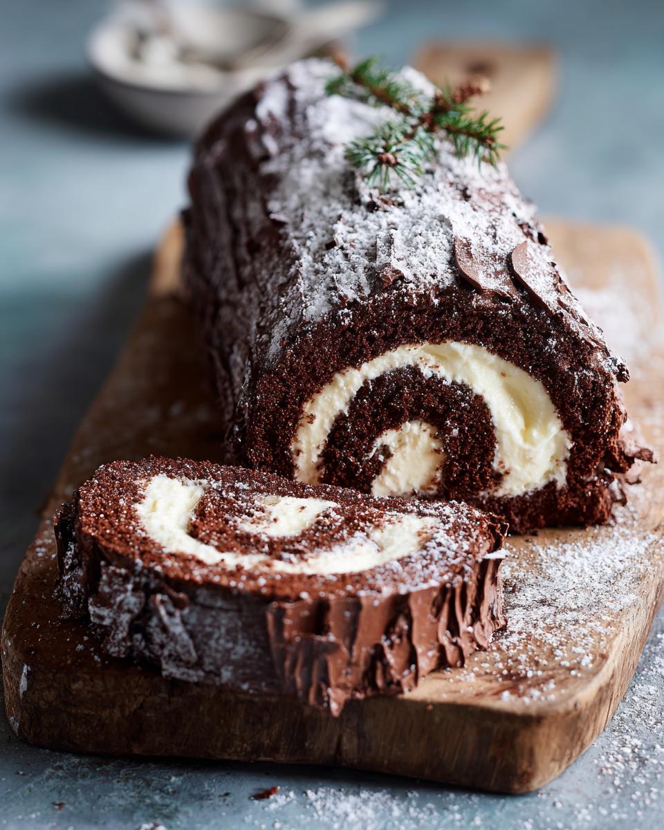 A slice of a rich chocolate Yule log cake with a swirl of cream filling, dusted with powdered sugar and garnished with pine sprigs.