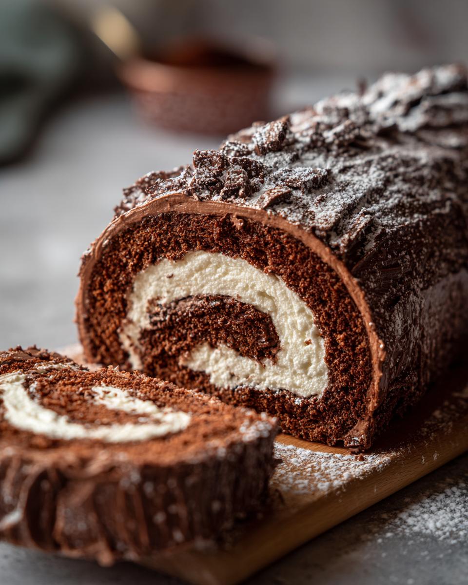 Close-up of a sliced chocolate Yule log cake with a swirl of white cream filling, dusted with powdered sugar.
