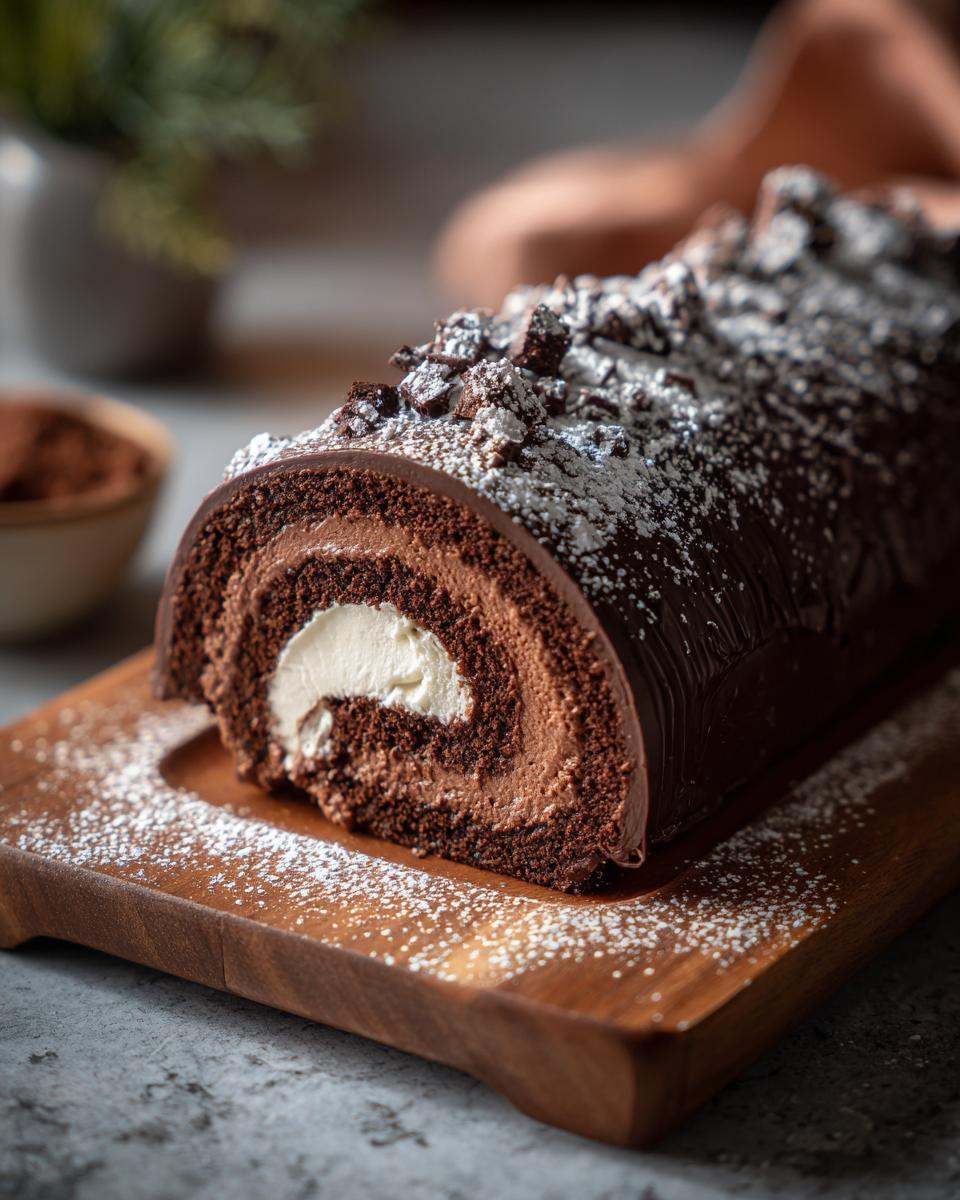 A slice of rich chocolate Yule log cake with a creamy white filling, dusted with powdered sugar.