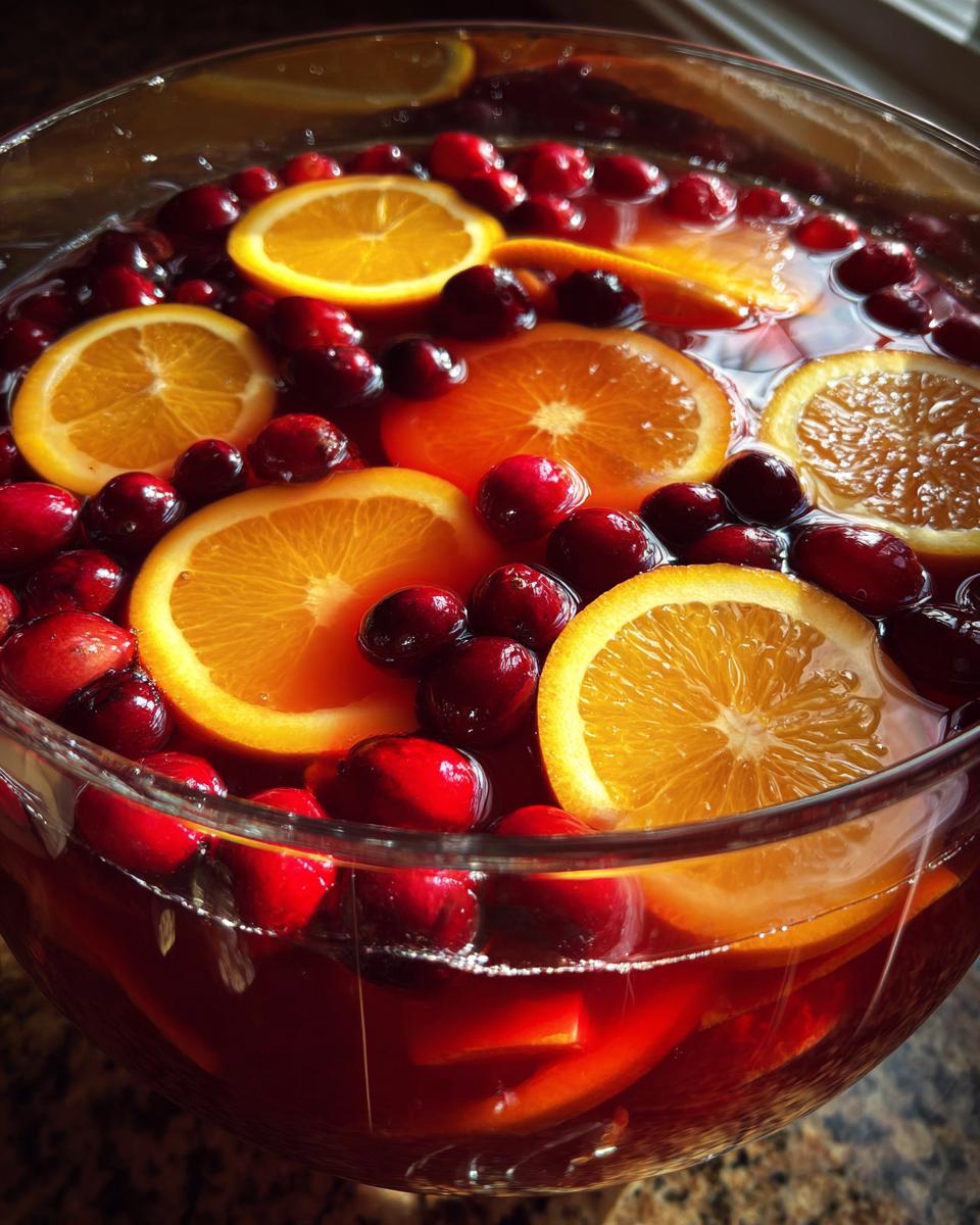 A close-up of a festive Christmas punch in a glass bowl, filled with cranberries and orange slices.
