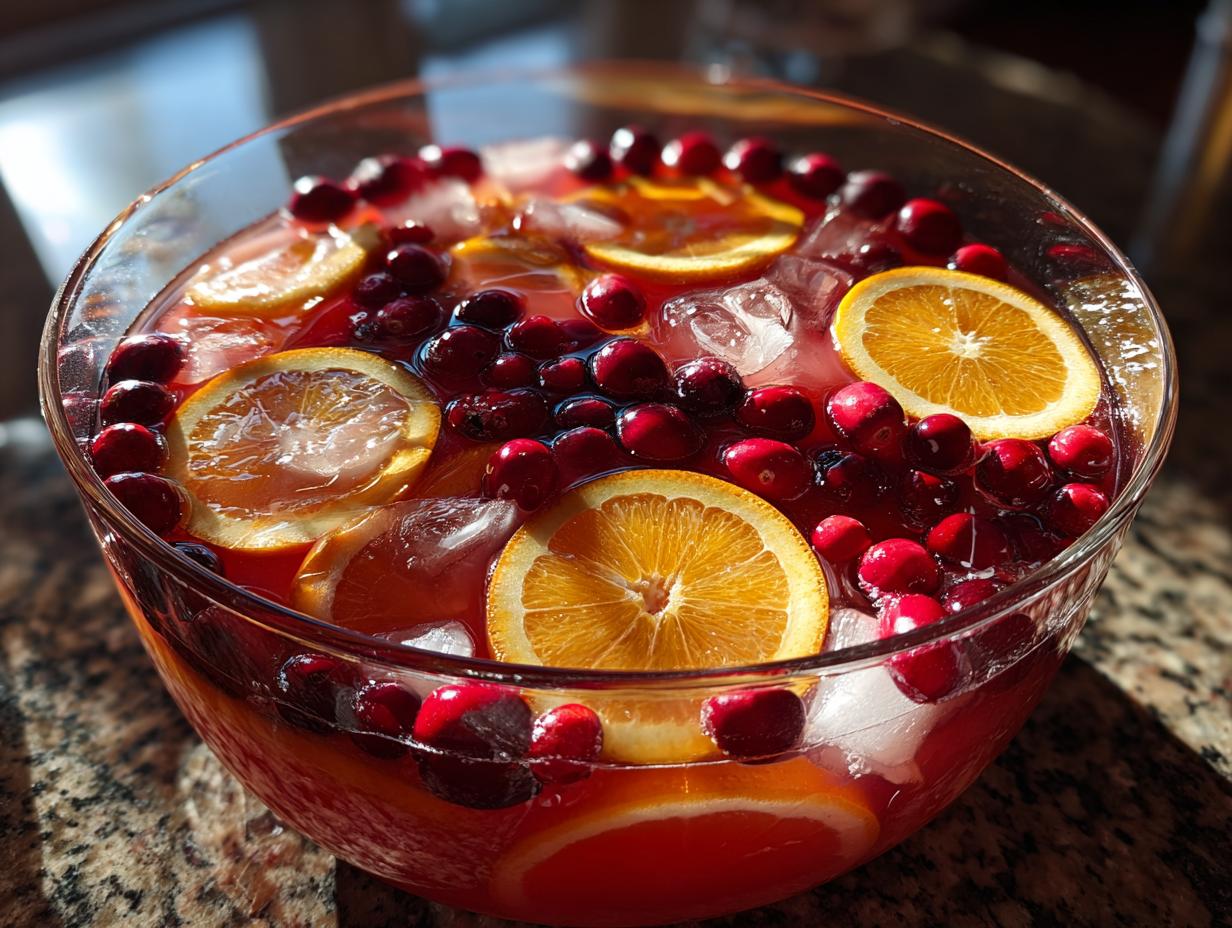 A clear glass bowl filled with festive Christmas punch, featuring slices of orange, whole cranberries, and ice cubes.