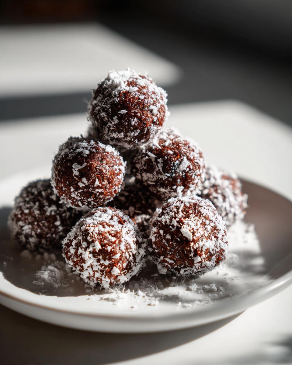 A stack of rich, dark chocolate rum balls generously coated in shredded coconut on a white plate.