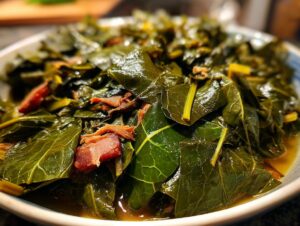 Close-up of a bowl filled with tender, simmered collard greens and pieces of smoked meat.