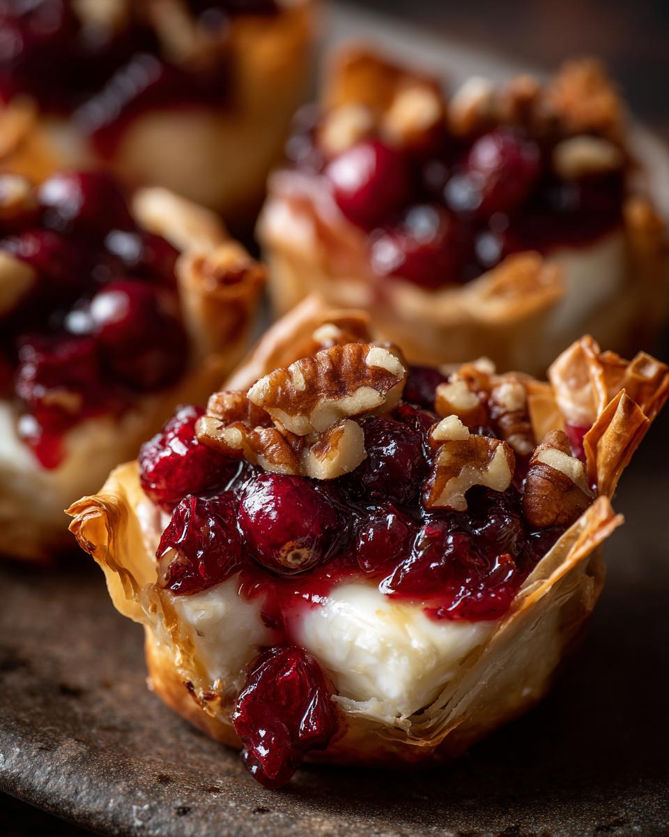 Close-up of one of the Cranberry brie bites, featuring melted brie, cranberry topping, and walnuts in a flaky phyllo cup.