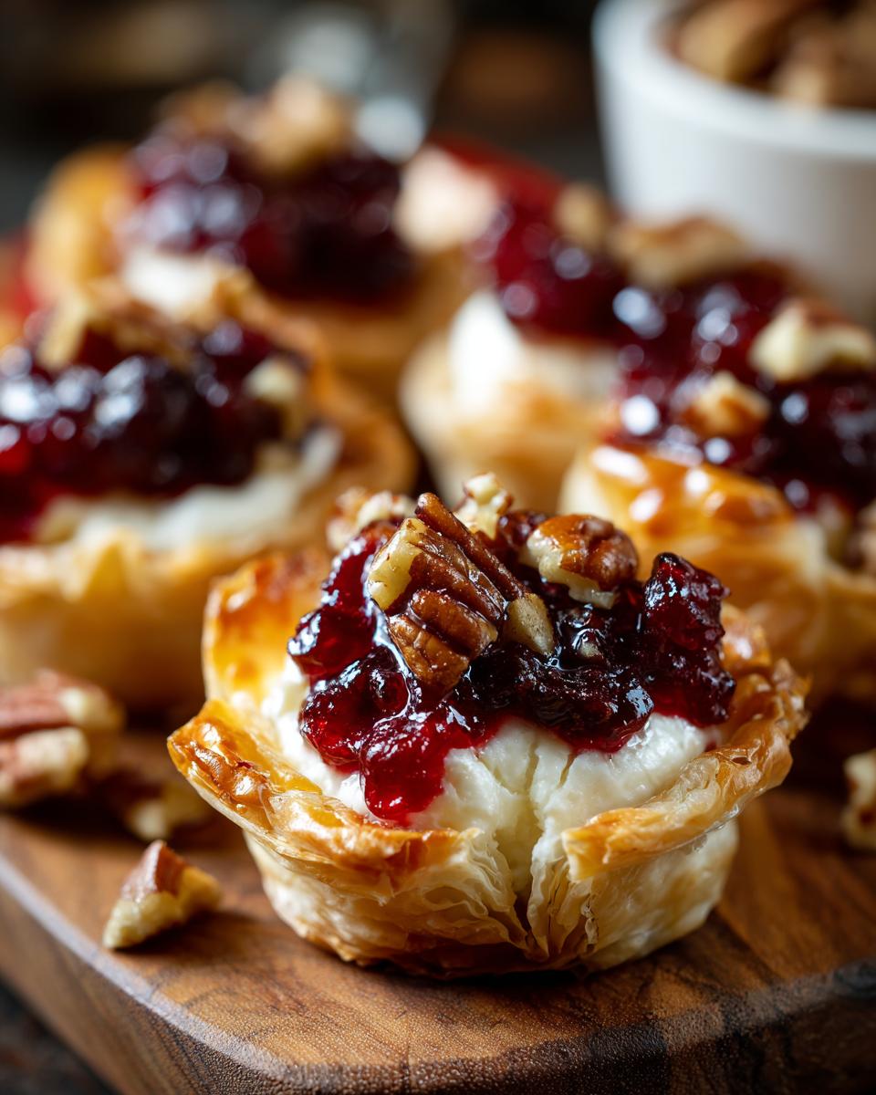 Close-up of flaky pastry cups filled with brie cheese, topped with cranberry sauce and pecans, perfect for cranberry brie bites.