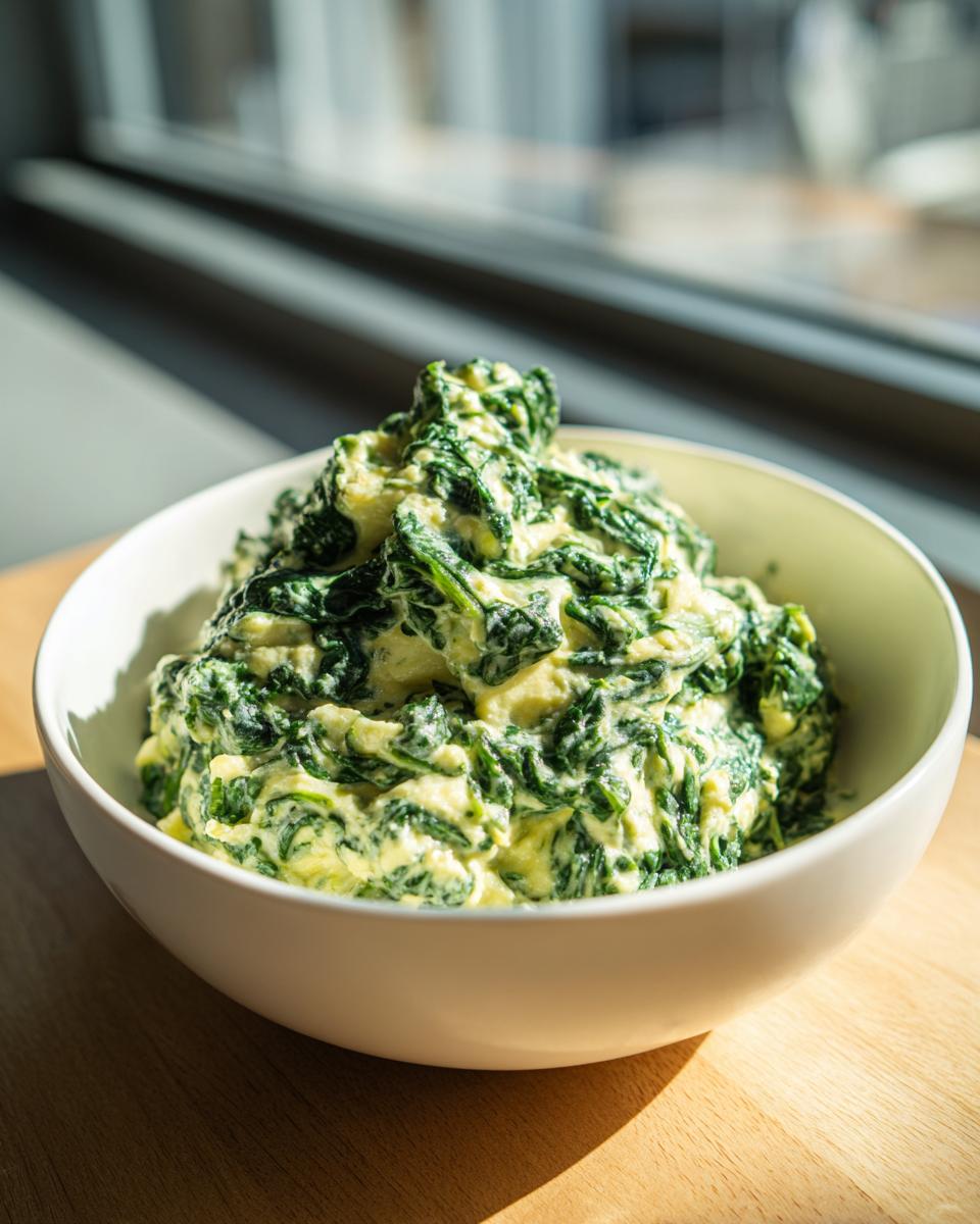 A white bowl filled with rich, homemade creamed spinach, set on a wooden surface near a window.