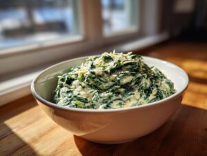 A white bowl filled with rich, homemade creamed spinach, topped with grated cheese, sitting on a wooden surface.