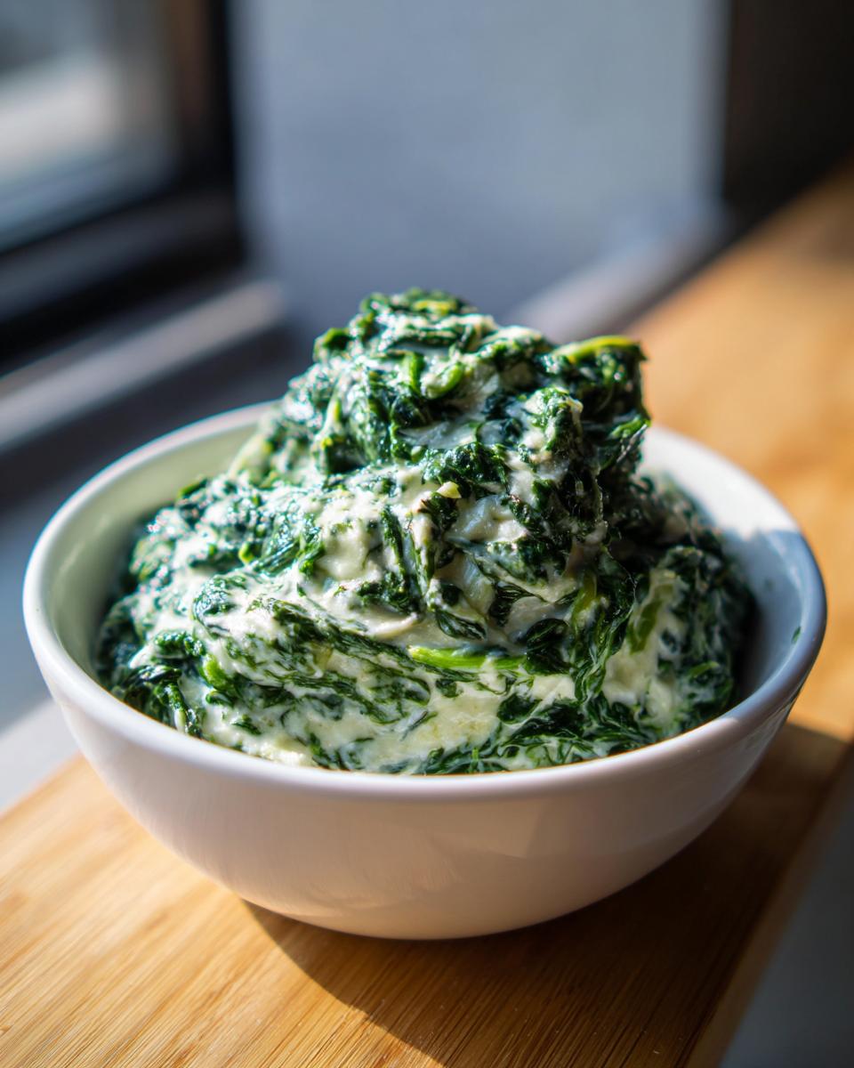 A close-up of rich and creamy creamed spinach piled high in a white bowl, highlighted by natural light.