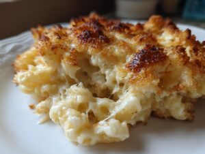 Close-up of a serving of creamy macaroni and cheese showing a gooey cheese pull and a golden-brown, crispy topping.