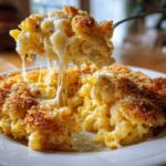 A fork lifting a scoop of baked macaroni and cheese showing extreme cheese pull and a crispy topping.