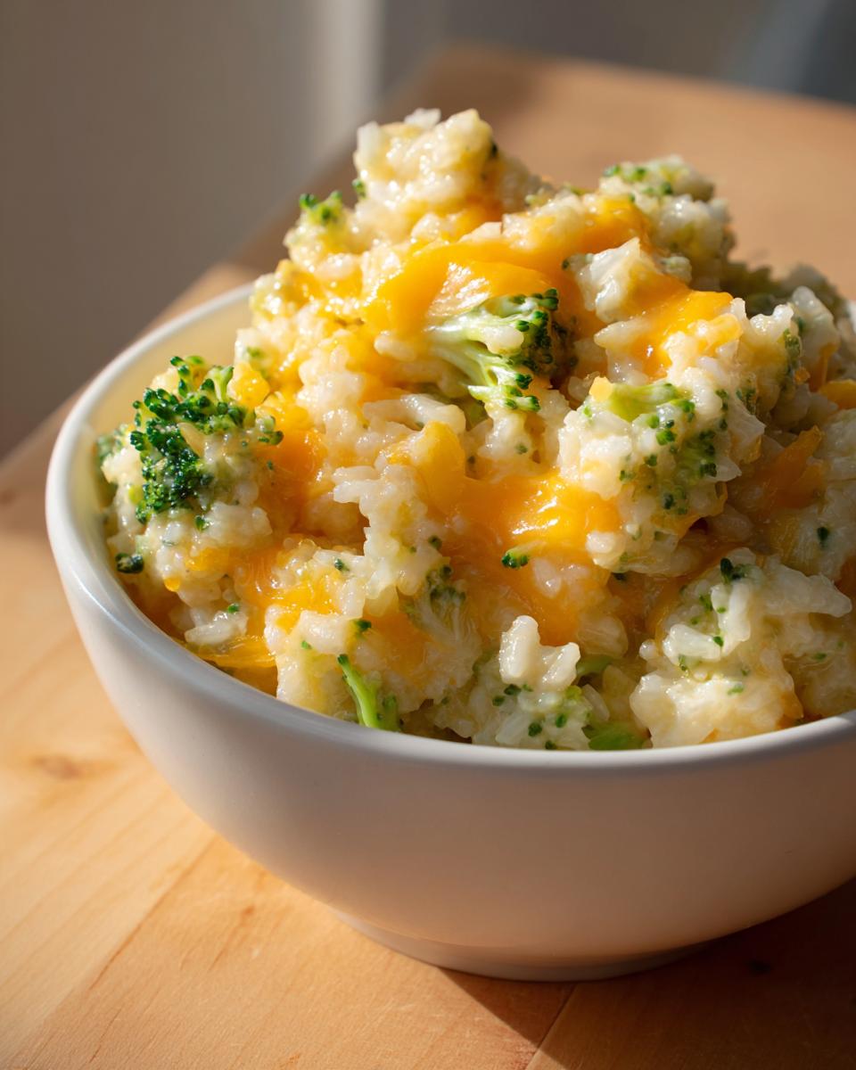 Close-up of creamy broccoli rice topped with melted cheddar cheese in a white bowl.
