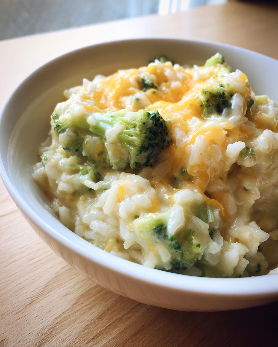 Close-up of creamy broccoli rice topped with melted cheddar cheese in a white bowl.