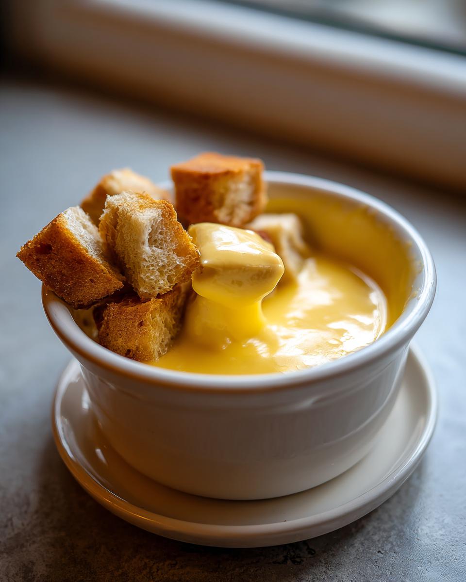 Close-up of creamy, smooth cheese fondue served in a white crock with toasted bread cubes for dipping.