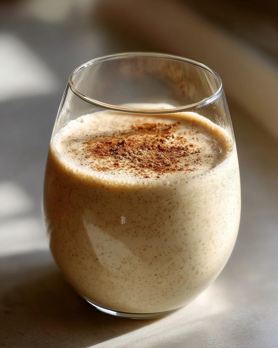 A close-up of a glass filled with creamy eggnog, dusted with cinnamon on top.
