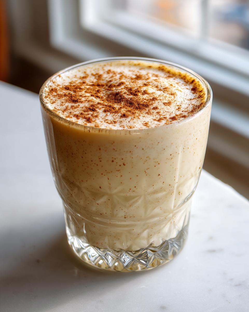 A close-up of a glass of creamy eggnog, topped with frothy foam and a dusting of cinnamon.