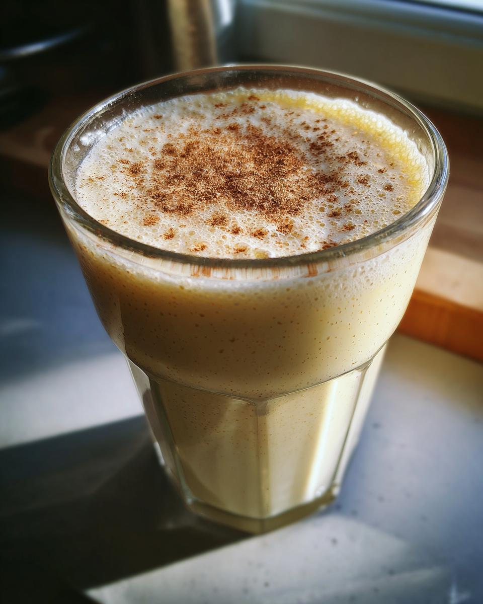 A tall glass of creamy eggnog, topped with a sprinkle of cinnamon and foam.