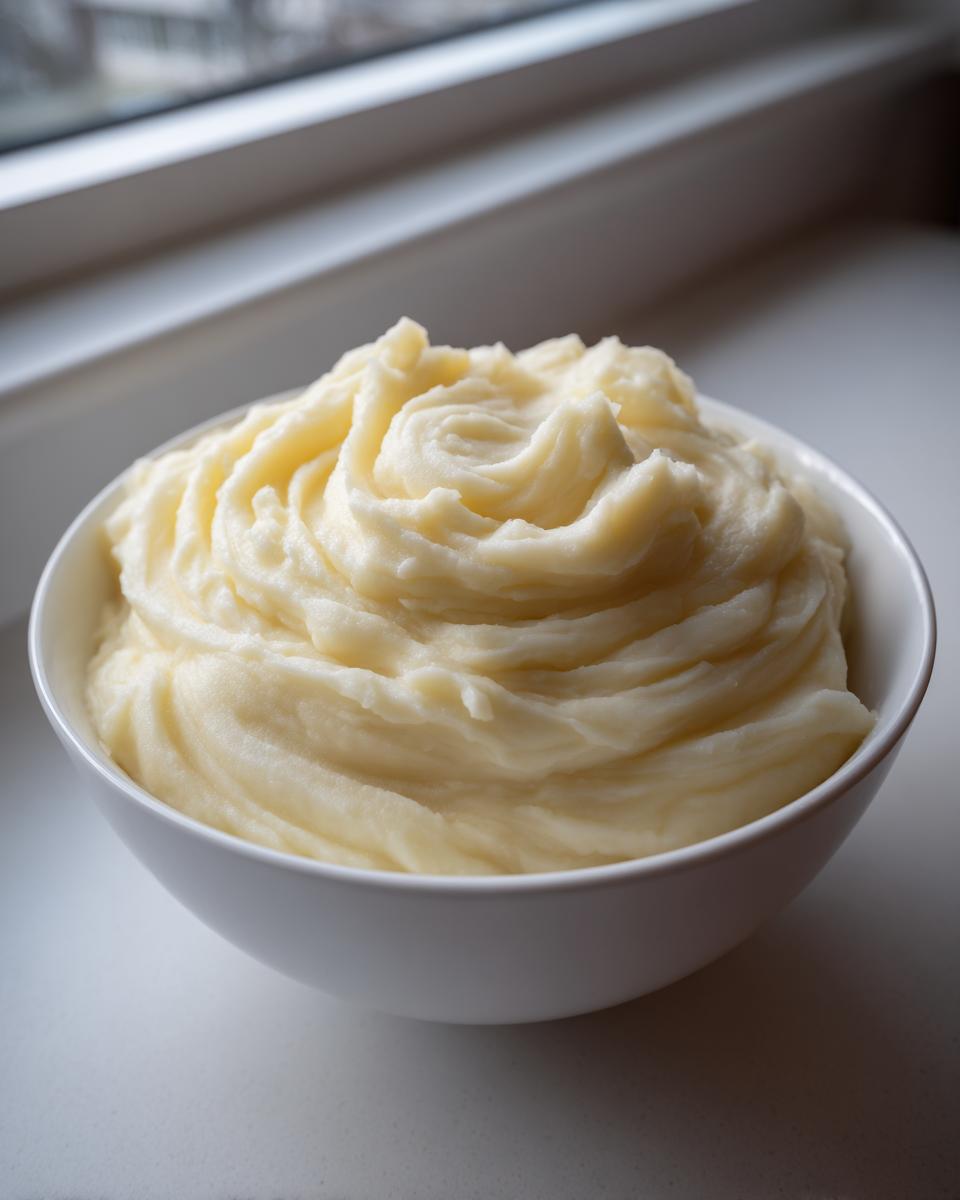 A white bowl filled with perfectly swirled, creamy garlic mashed potatoes sitting near a window.
