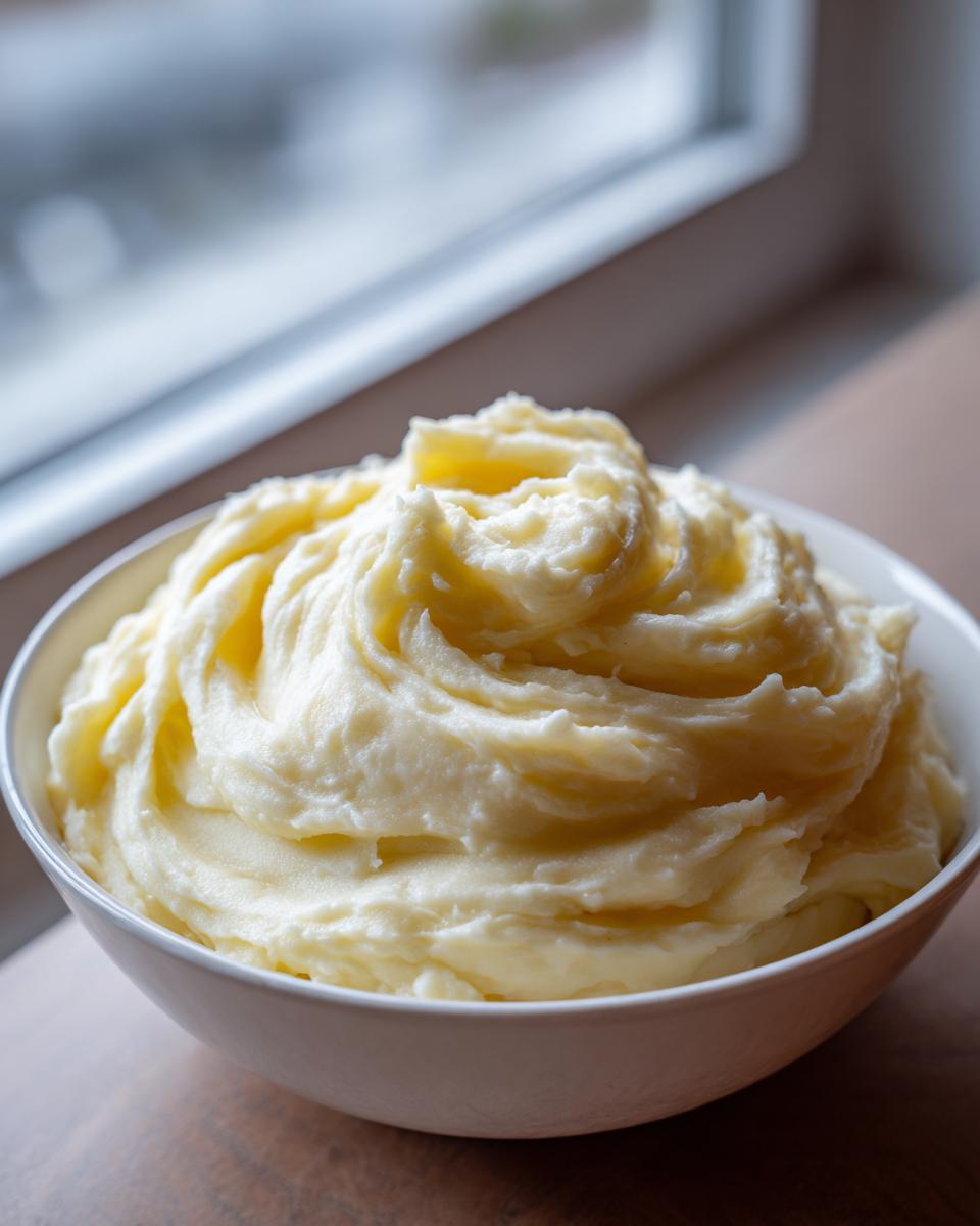 A white bowl filled with fluffy, creamy garlic mashed potatoes, swirled attractively.