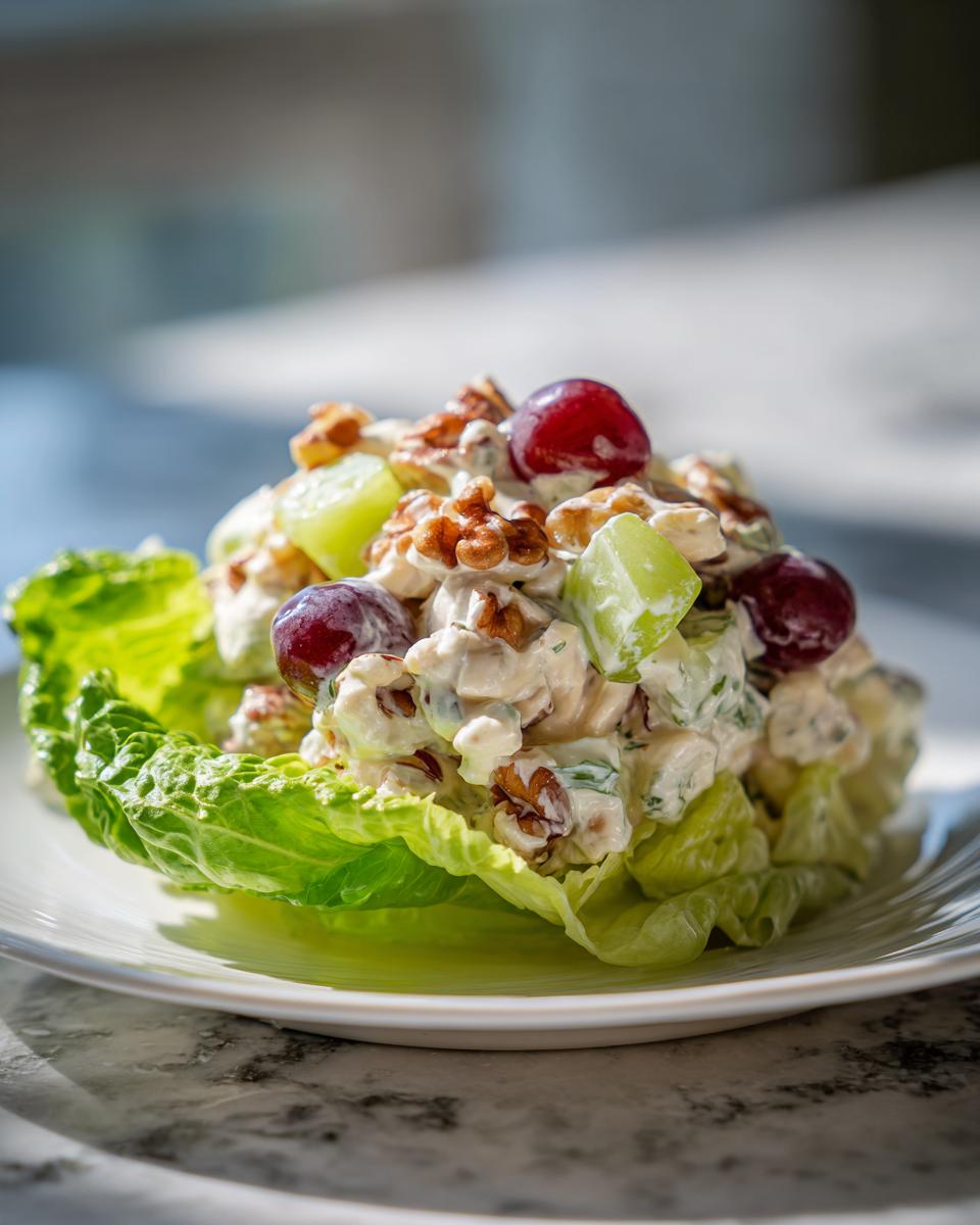 A scoop of creamy Waldorf salad topped with walnuts and red grapes, served in a crisp butter lettuce cup.