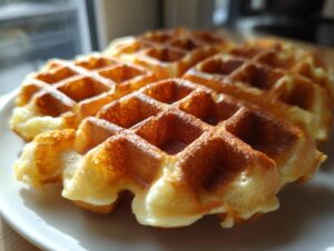 Close-up of golden brown, crispy and fluffy waffles on a white plate, ready to be served.