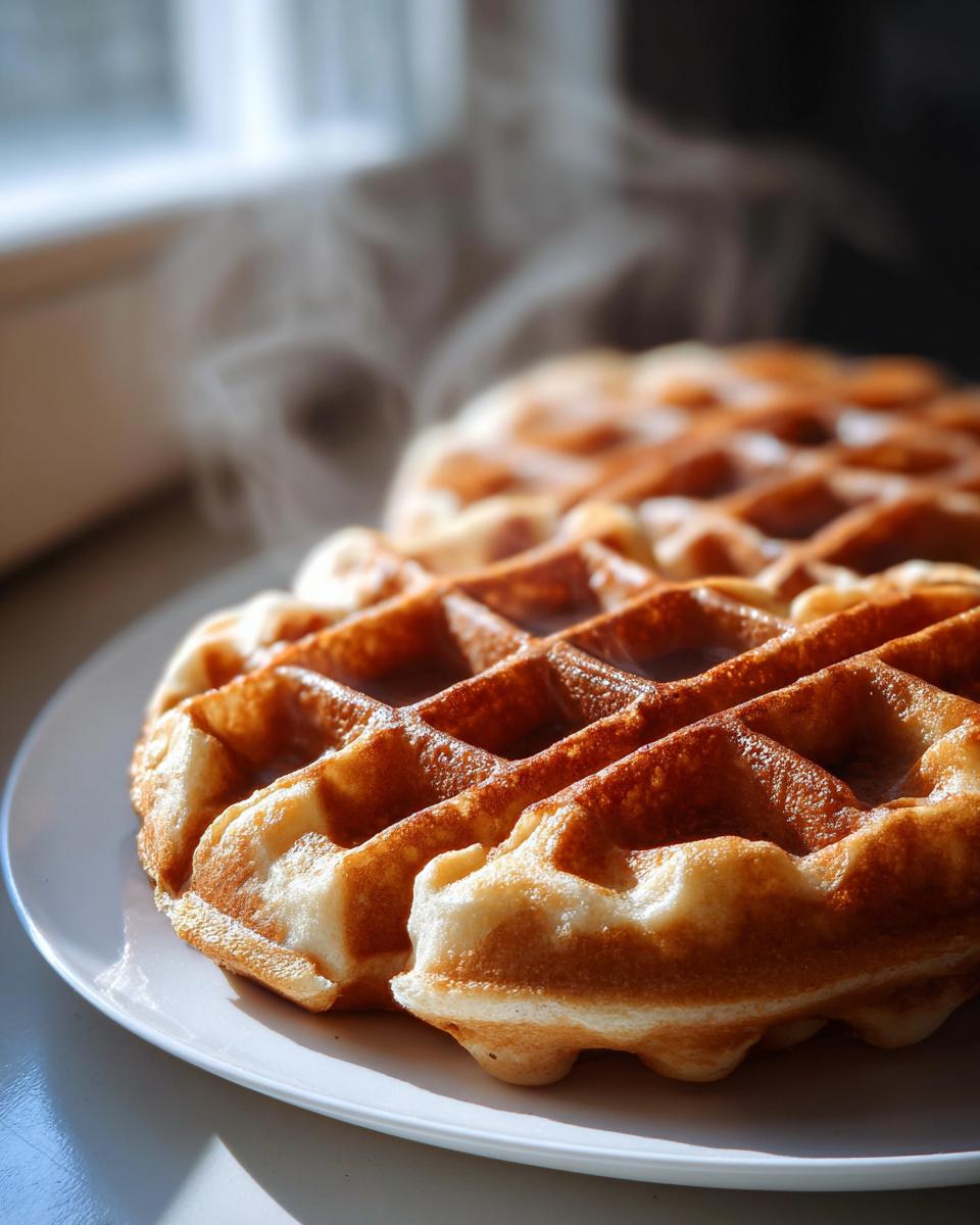 Close-up of two freshly made, golden-brown waffles on a white plate, with steam rising.