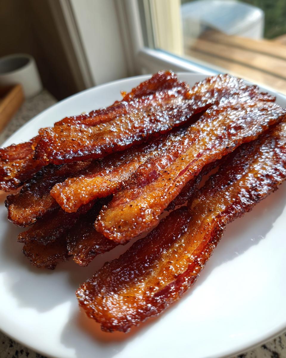 Close-up of several glossy, caramelized strips of Millionaire bacon stacked on a white plate near a window.