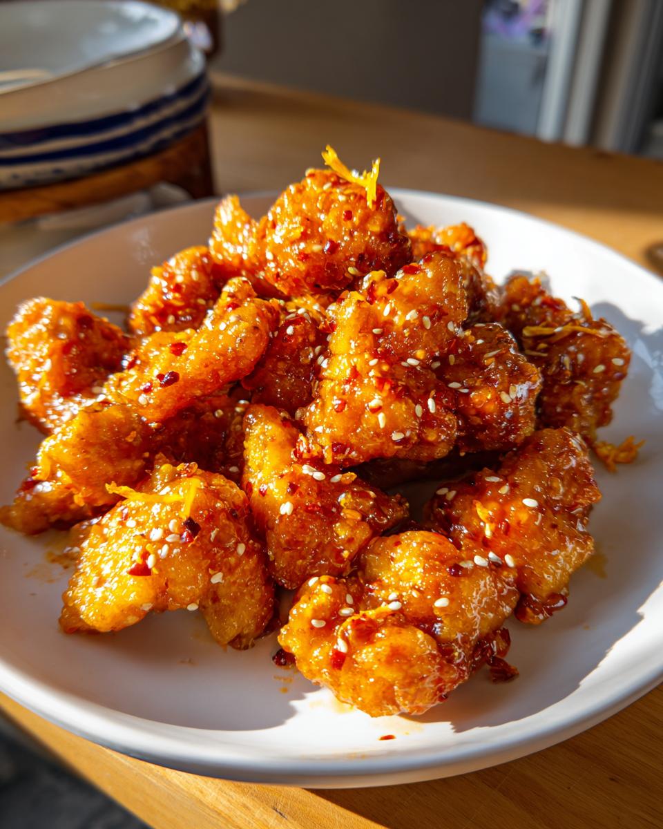 A close-up of crispy orange chicken pieces coated in a glossy sauce, sprinkled with sesame seeds and orange zest.