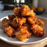 A pile of crispy, glazed Orange Chicken pieces garnished with sesame seeds and orange zest.
