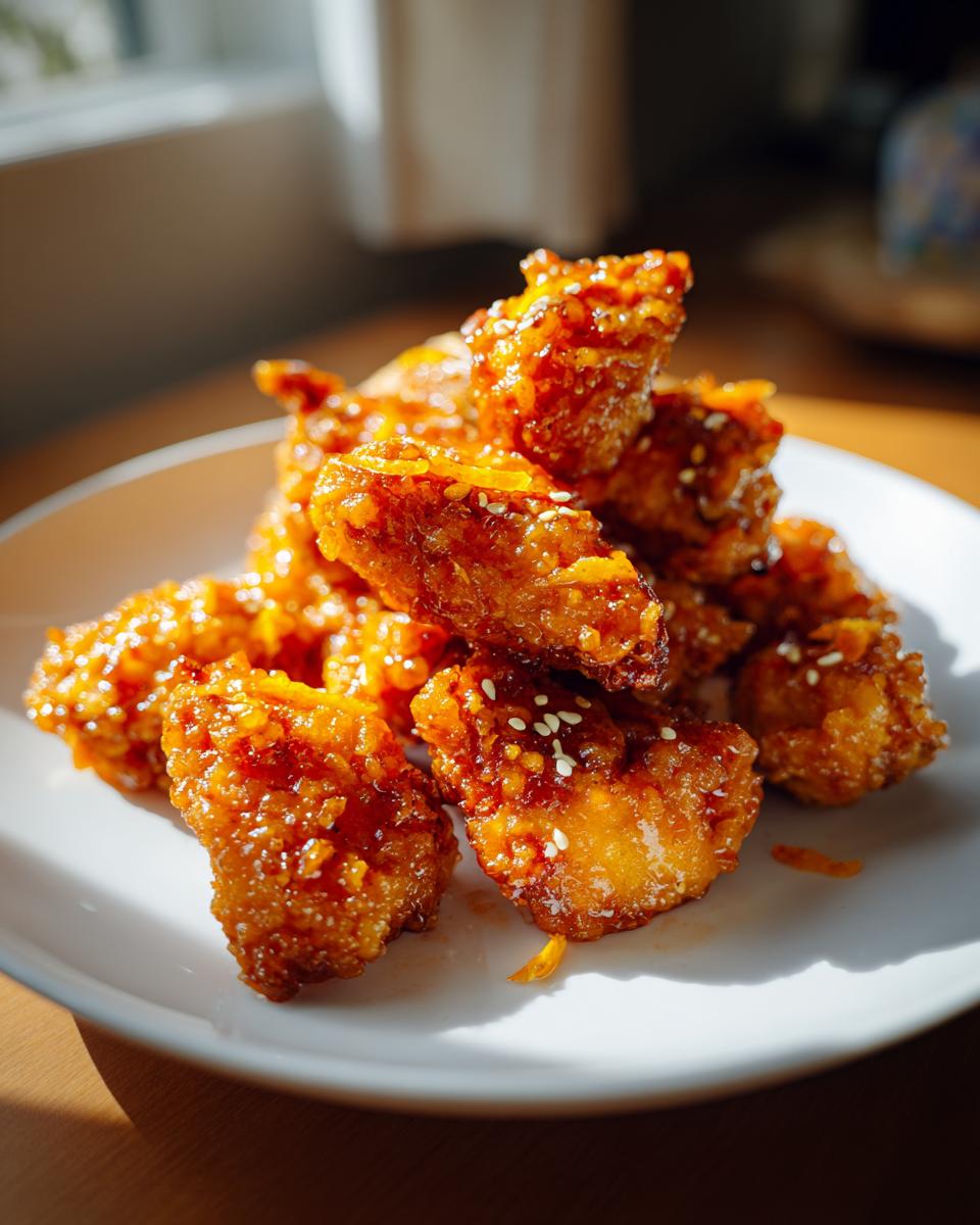 A pile of crispy, glazed Orange Chicken pieces sprinkled with sesame seeds on a white plate.