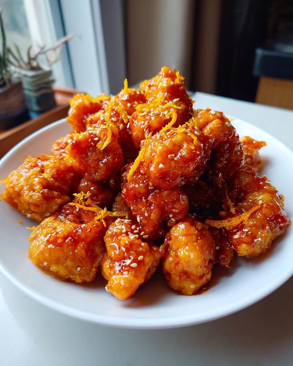 A pile of crispy, glazed Orange Chicken pieces topped with sesame seeds and orange zest.