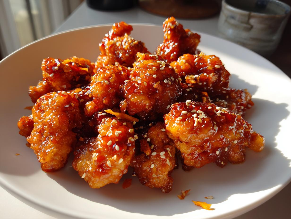 A close-up of crispy, glazed Orange Chicken pieces generously sprinkled with sesame seeds on a white plate.