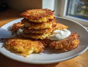 A tall stack of golden-brown, crispy potato latkes served on a white plate with a dollop of sour cream.