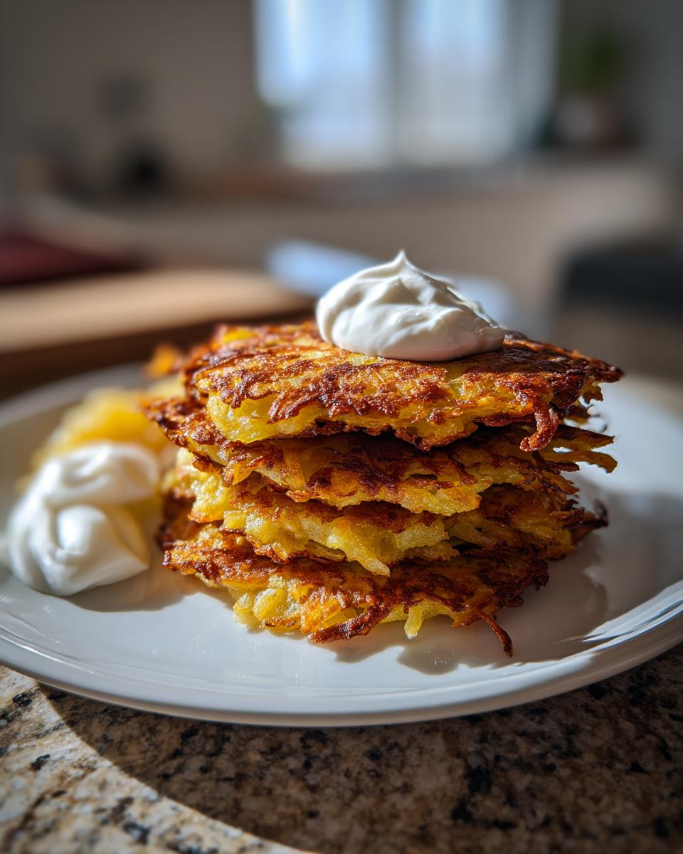 A stack of golden-brown, crispy potato latkes topped with a dollop of sour cream, served with a side of more sour cream.