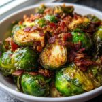 Close-up of crispy roasted brussels sprouts topped with crumbled bacon in a white bowl.