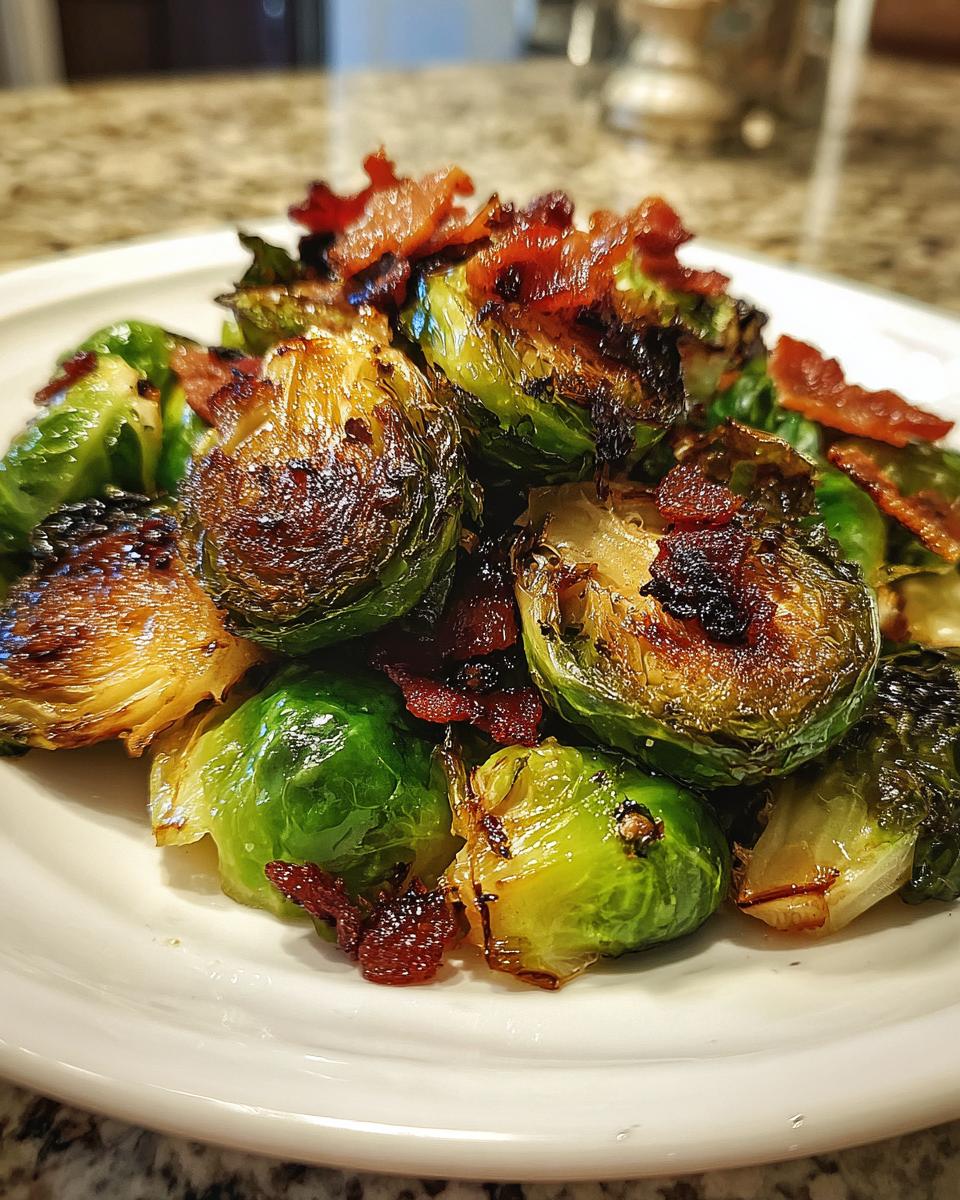Close-up of crispy roasted brussels sprouts topped with crumbled bacon on a white plate.