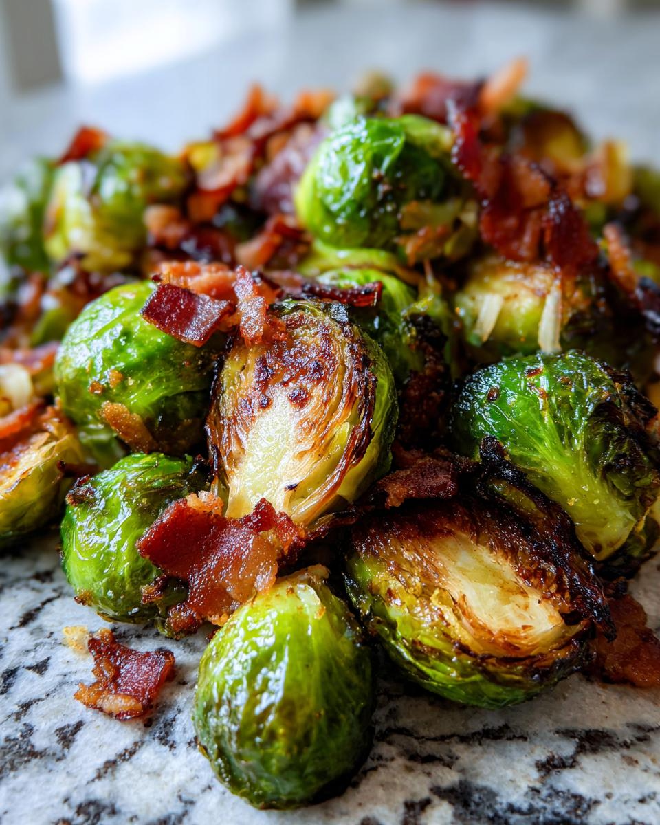 Close-up of crispy roasted brussels sprouts mixed with crumbled bacon.
