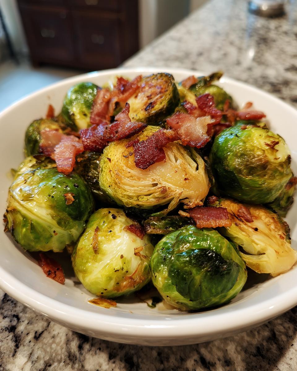 A bowl of crispy roasted brussels sprouts topped with crumbled bacon.