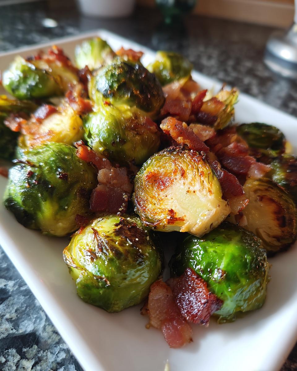 Close-up of crispy roasted brussels sprouts tossed with pieces of bacon on a white platter.