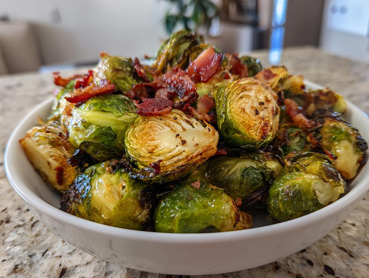 A close-up of a white bowl filled with crispy roasted brussels sprouts topped with crumbled bacon.