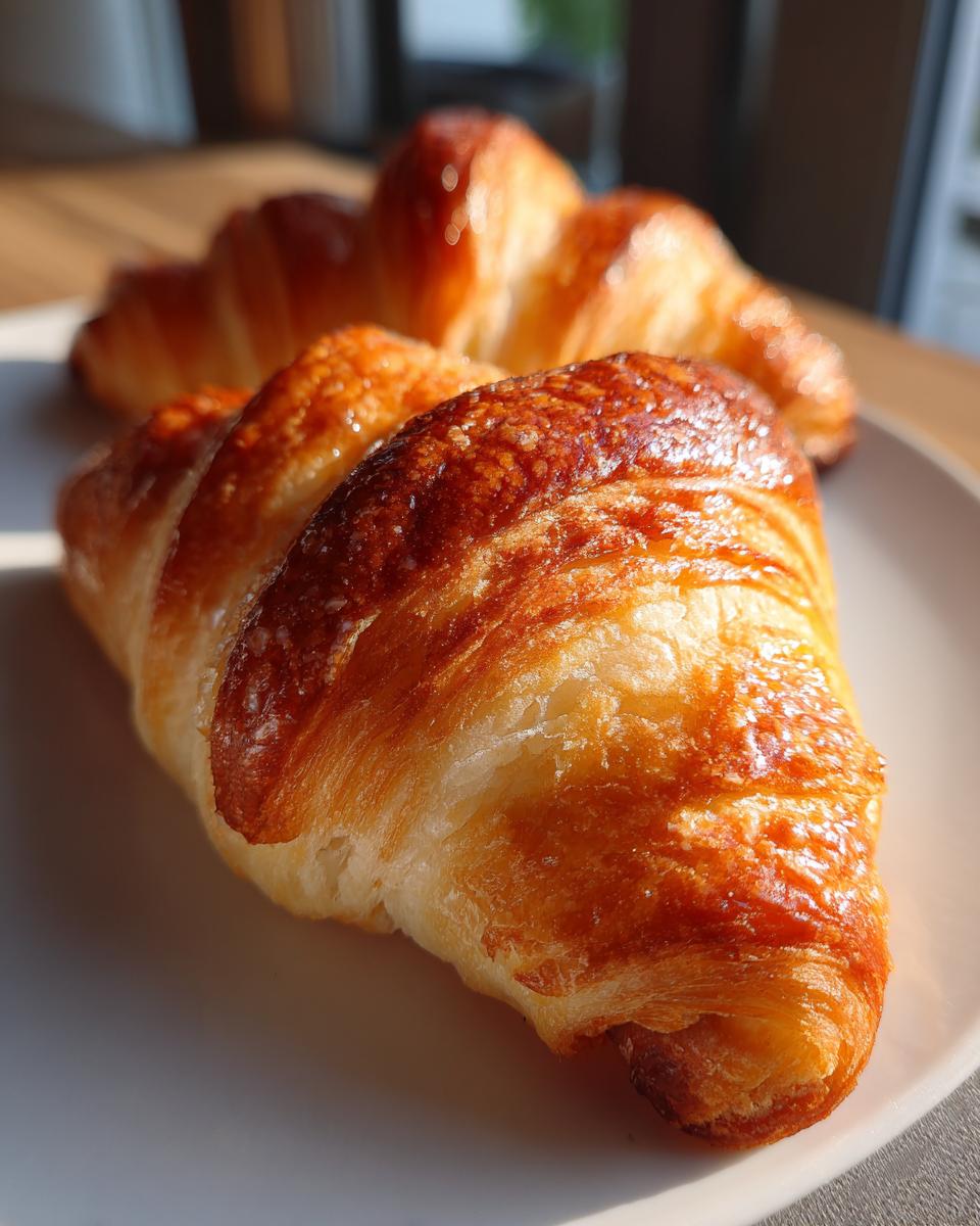 Close-up of a flaky, golden-brown croissant, which might be used as a dough alternative for pigs in a blanket.