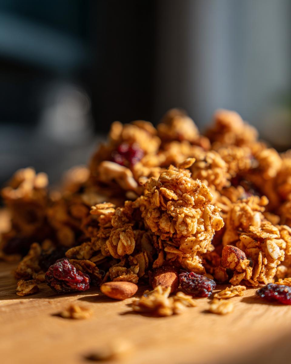 Close-up of a pile of golden, crunchy granola with visible almonds and dried cranberries.