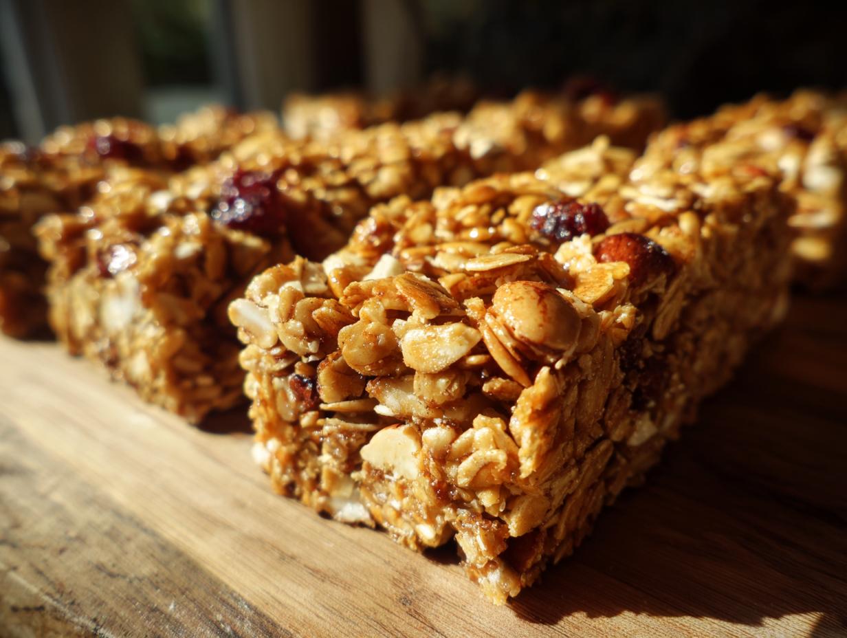 Close-up of delicious, golden granola bars packed with oats, nuts, and dried cranberries on a wooden surface.