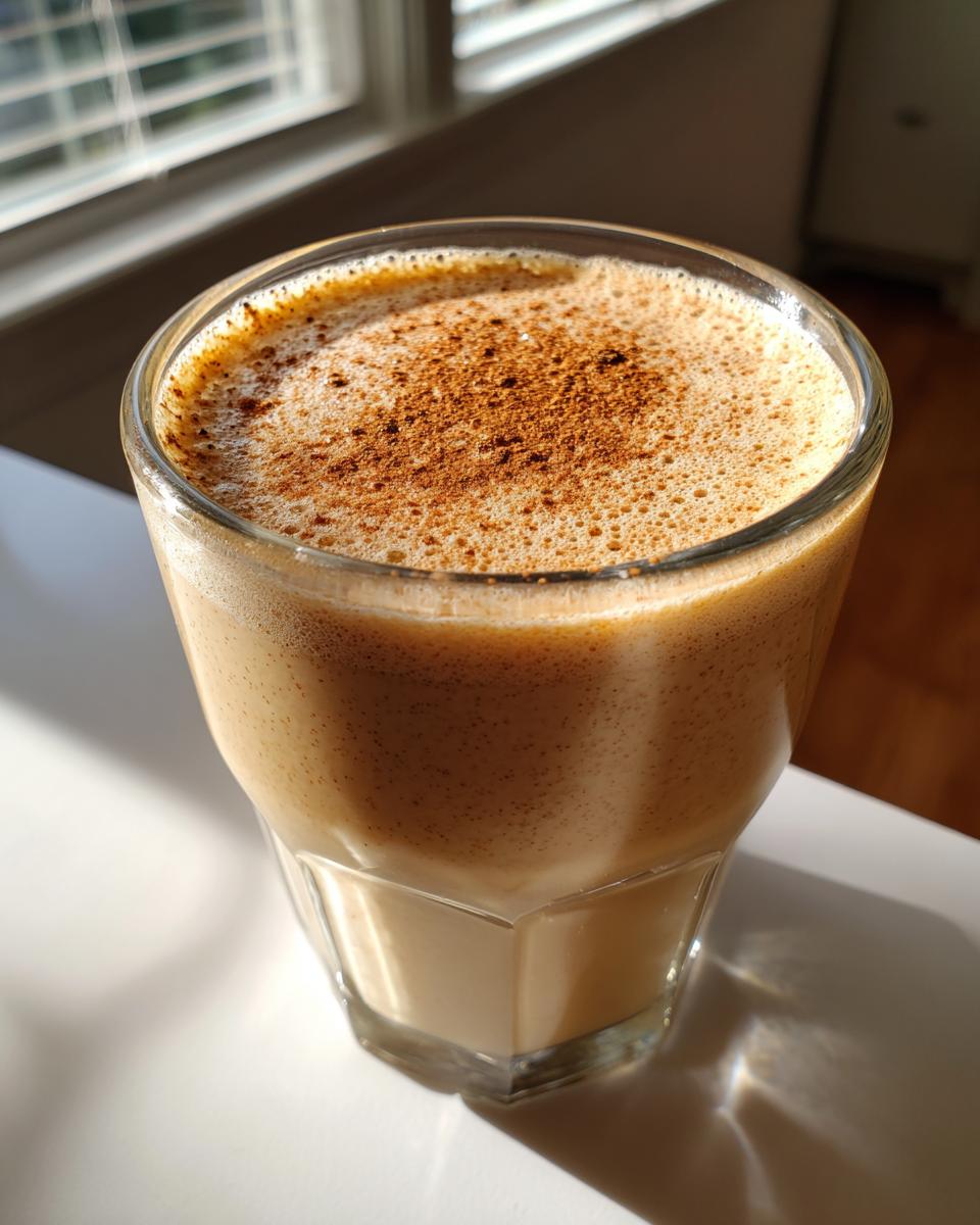 A close-up of a glass of creamy eggnog, topped with a sprinkle of cinnamon.