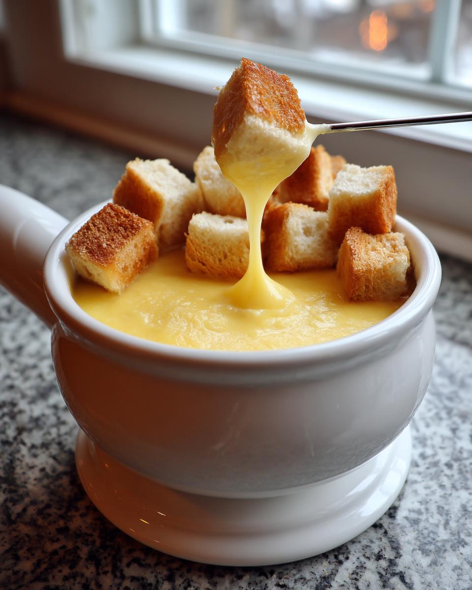 A piece of toasted bread is dipped into a white bowl of smooth, yellow cheese fondue using a fondue fork.