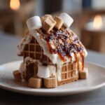 A delightful gingerbread house made of waffles, topped with frosting, caramel, and marshmallows.