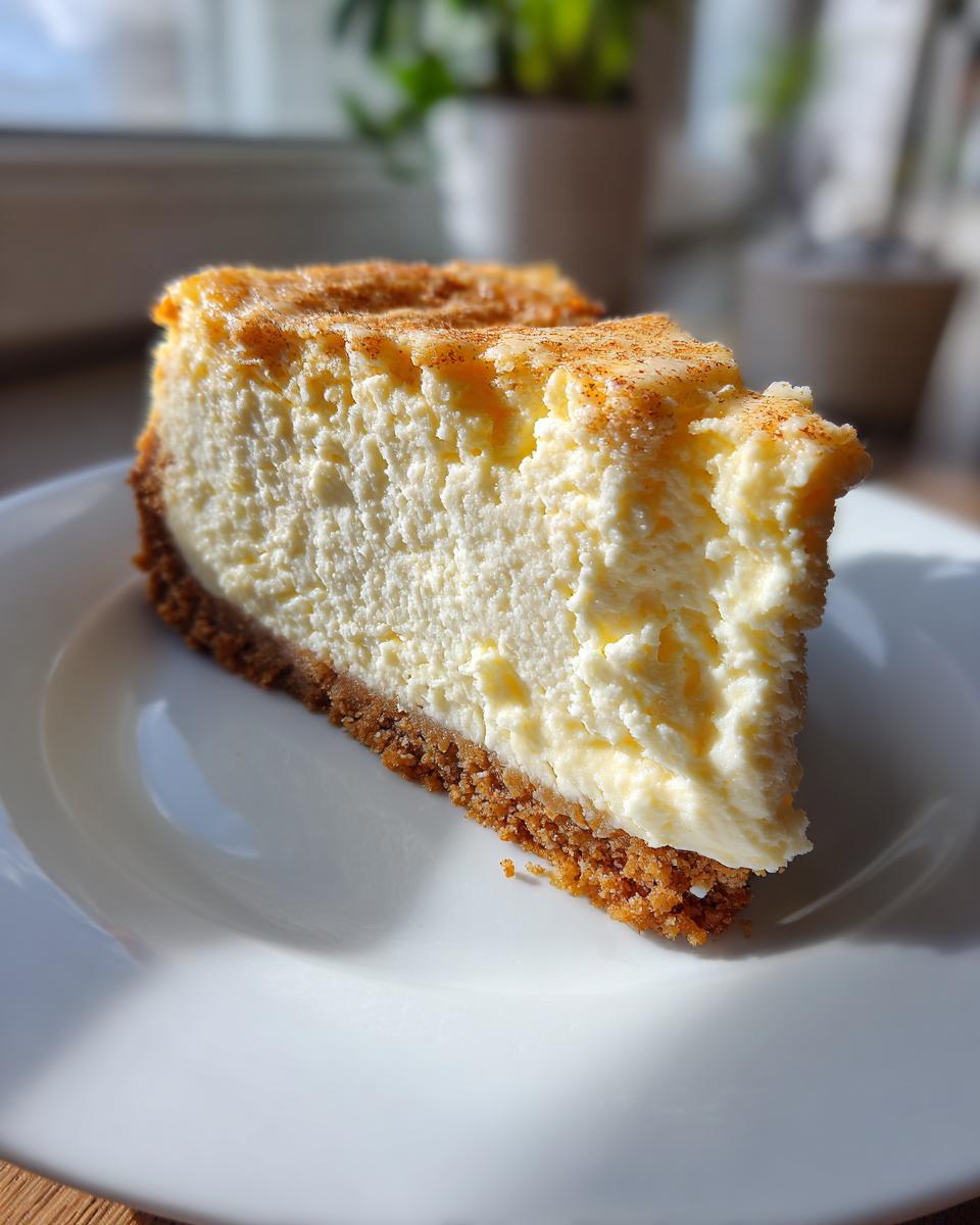 A close-up of a slice of creamy eggnog cheesecake with a graham cracker crust, dusted with cinnamon.